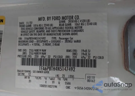 2022 Ford Mustang Ecoboost Fastback z USA, uszkodzony, nr VIN 1FA6P8TH4N5147492